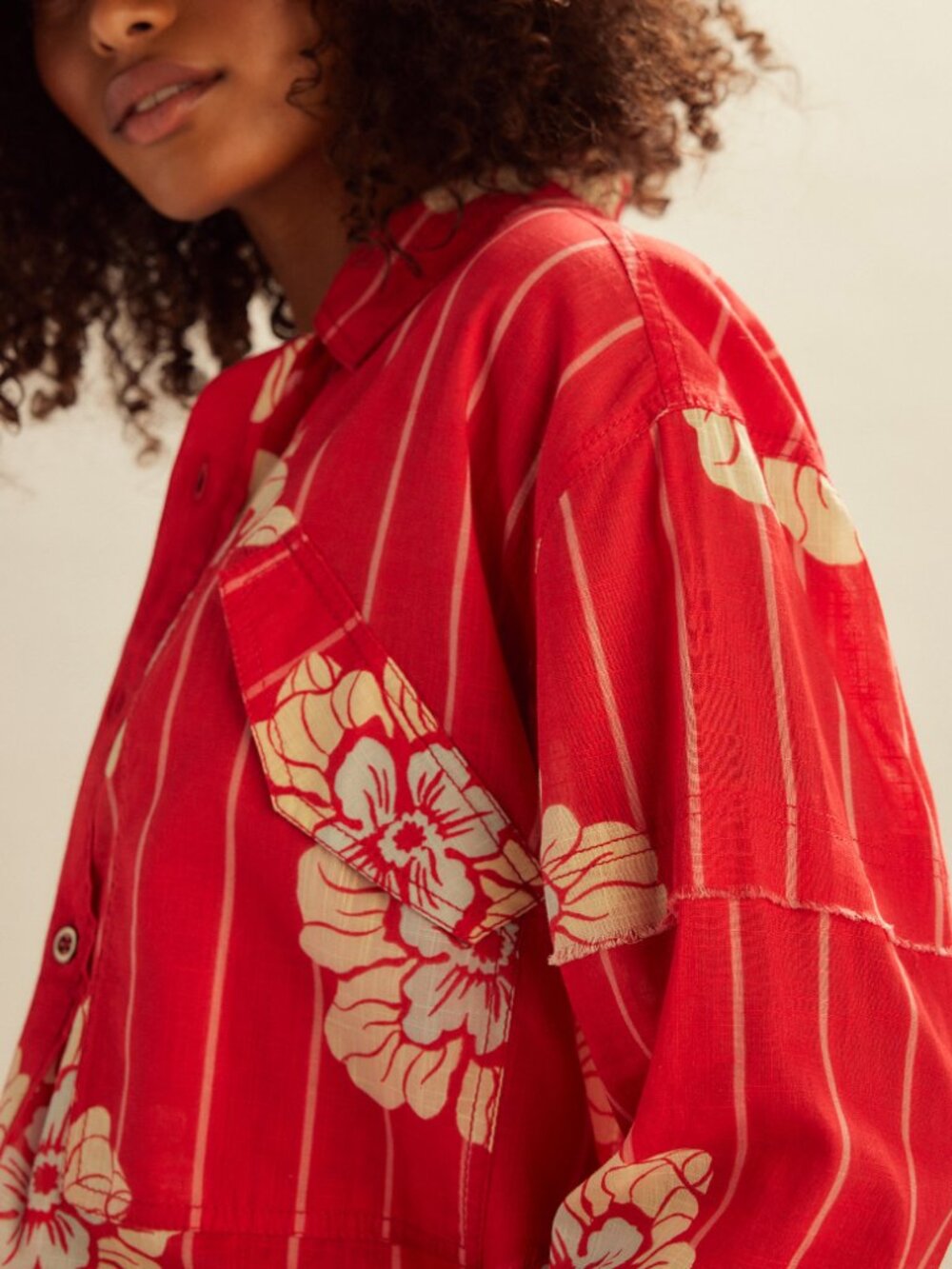 Free People Red Floral Button-Down Shirt - Picture 3 of 8